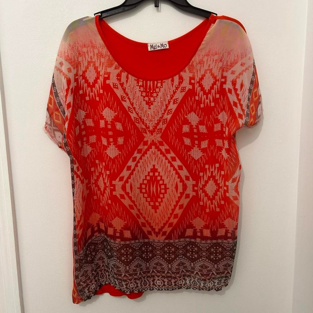 Multicolor Sheer Front Aztec Print Women's L Blouse Rhinestones Summer Festival